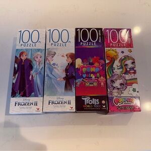 Bundle of 4x 100 piece puzzle: Frozen 2, Trolls, unicorns